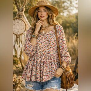 Floral Babydoll Peplum Blouse – Long Sleeve Flowy Top – Boho Chic (L)